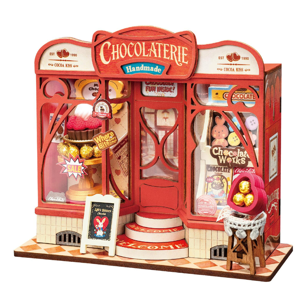 Miniaturhaus Bausatz aus Holz Sweet Chocolate Shop mit runden Stufen am Eingang