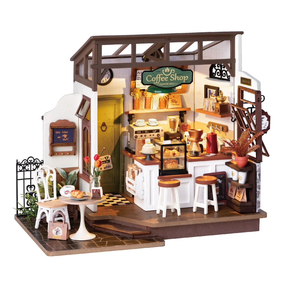Rolife DIY Miniaturhaus Slow Life Café DG162-B – Gesamtansicht des fertigen Holzmodells