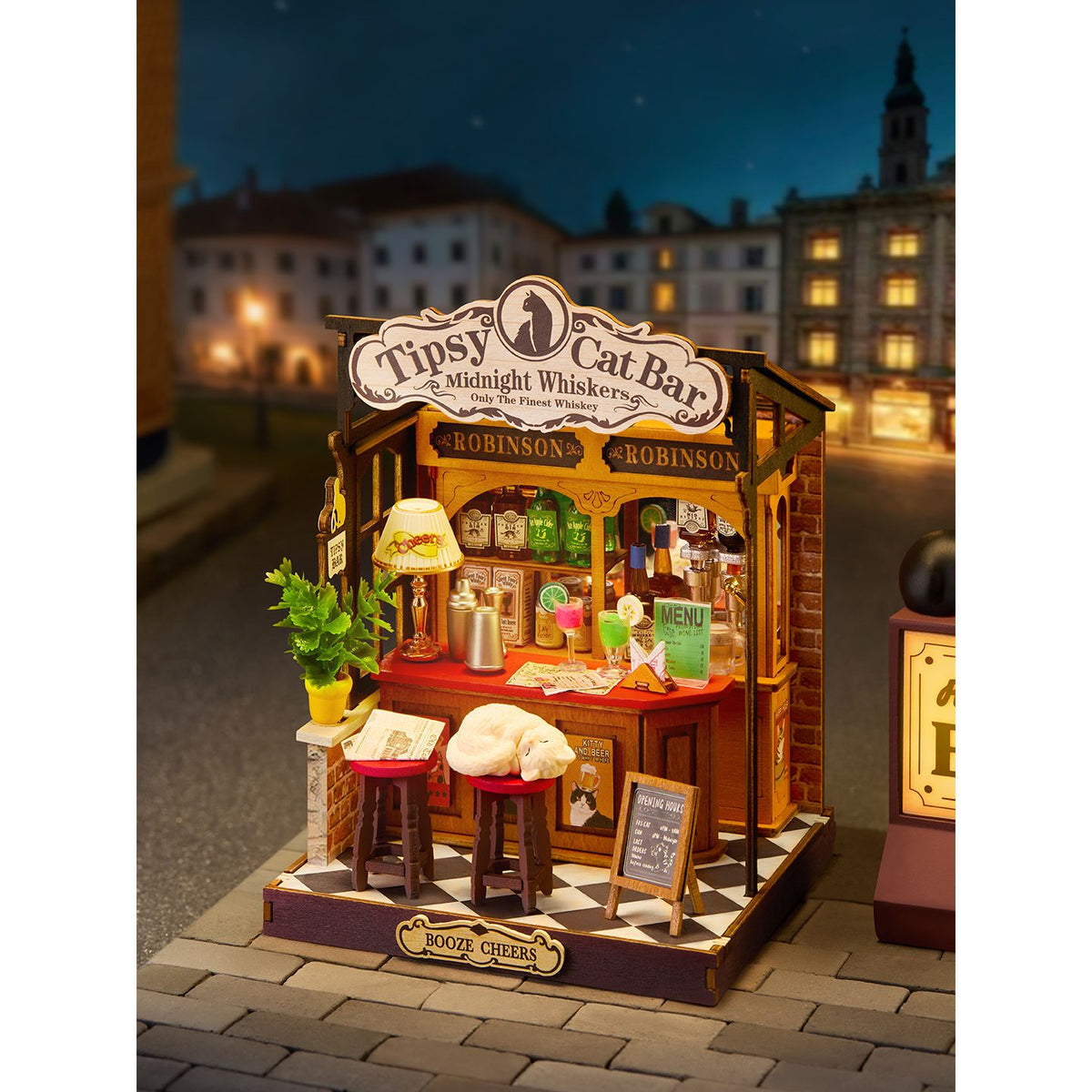 Tipsy Cat Bar Miniaturhaus Bausatz von Rolife in der Frontansicht mit roter Theke