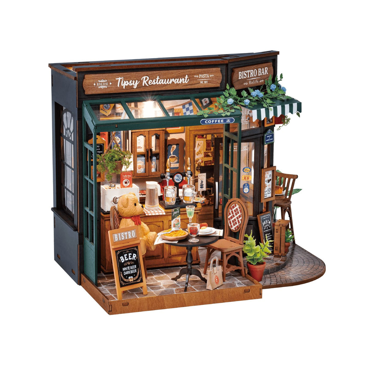 Miniaturhaus Bistro mit LED-Beleuchtung bei Nacht – Rolife Tipsy Restaurant