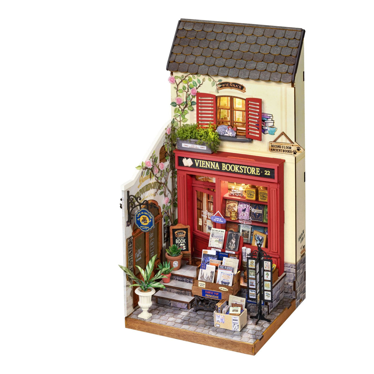 Rolife DIY Miniaturhaus Vienna Bookstore DG183 – Vintage-Buchhandlung mit roter Fassade
