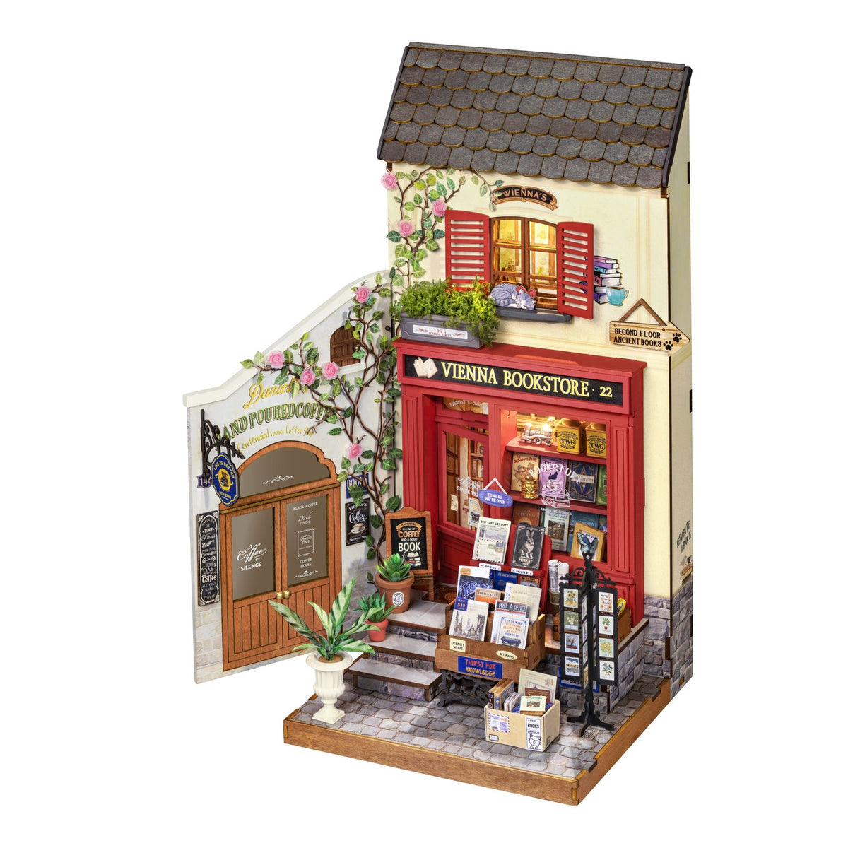 Vienna Bookstore Miniaturhaus von Rolife mit Fensterläden und kleiner Eingangstreppe