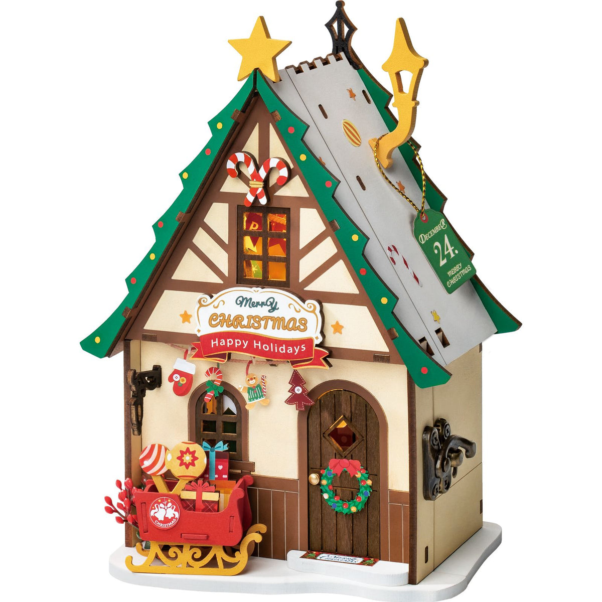 Geöffnetes Rolife Miniaturhaus mit Wohnzimmerszene und Weihnachtsbaum