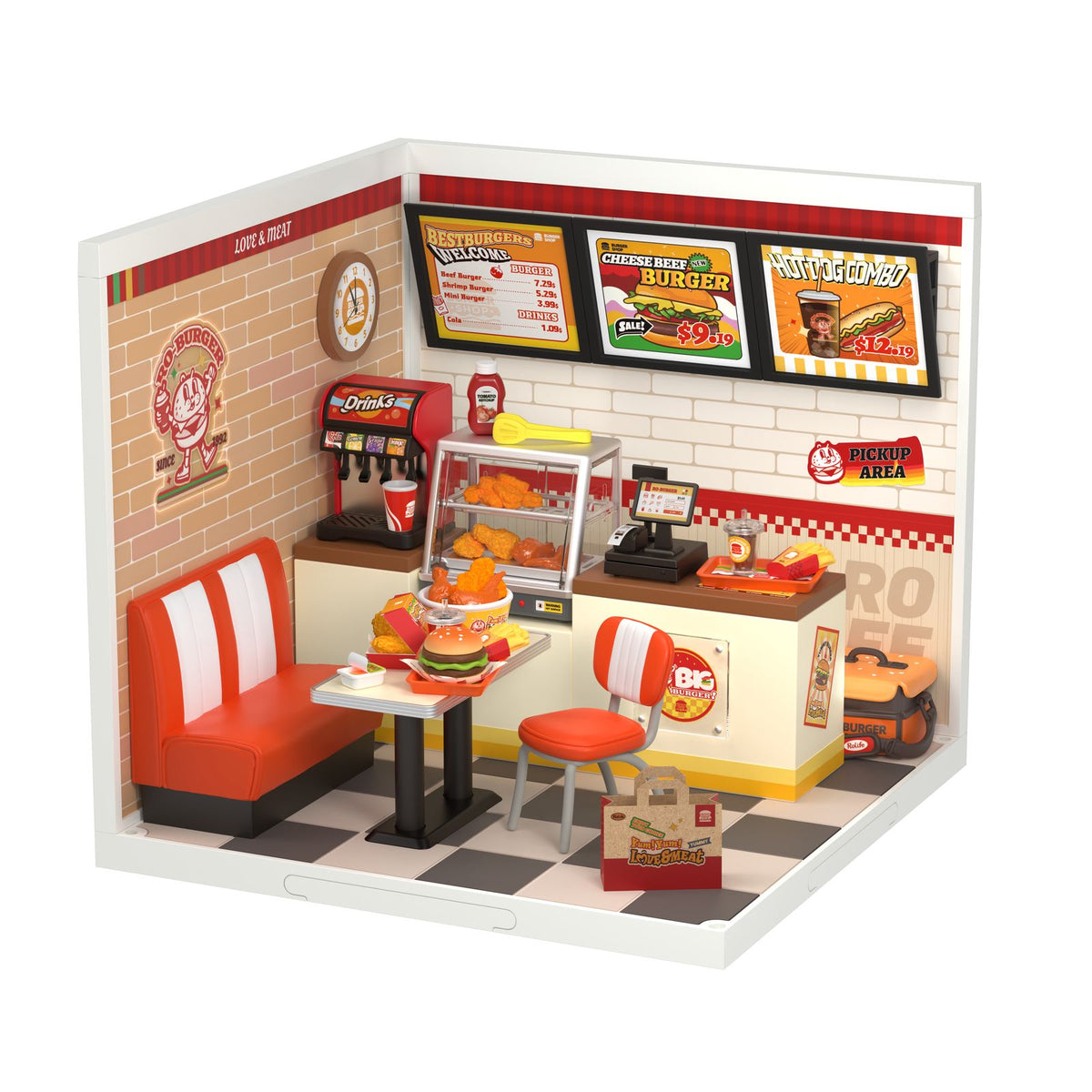 Rolife DIY Miniaturhaus Yum Yum Burgers DW010 – fertige Retro-Snackbar mit orangen Möbeln