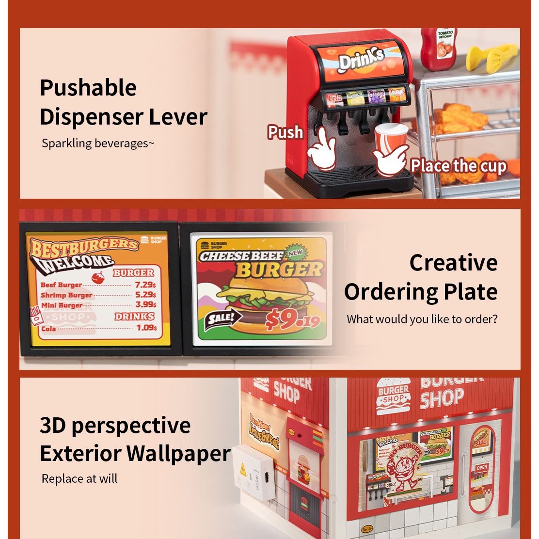 Yum Yum Burgers Miniatur Snackbar mit Aufklebern an den Wandplatten