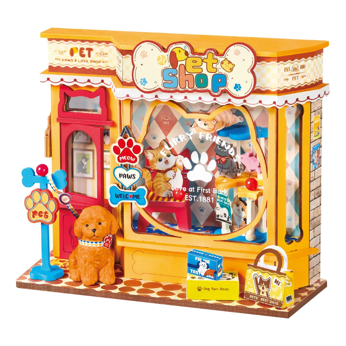 Rolife DIY Miniaturhaus Pawfect Pet Shop DS045 – sonnengelbes Zoogeschäft mit roter Tür