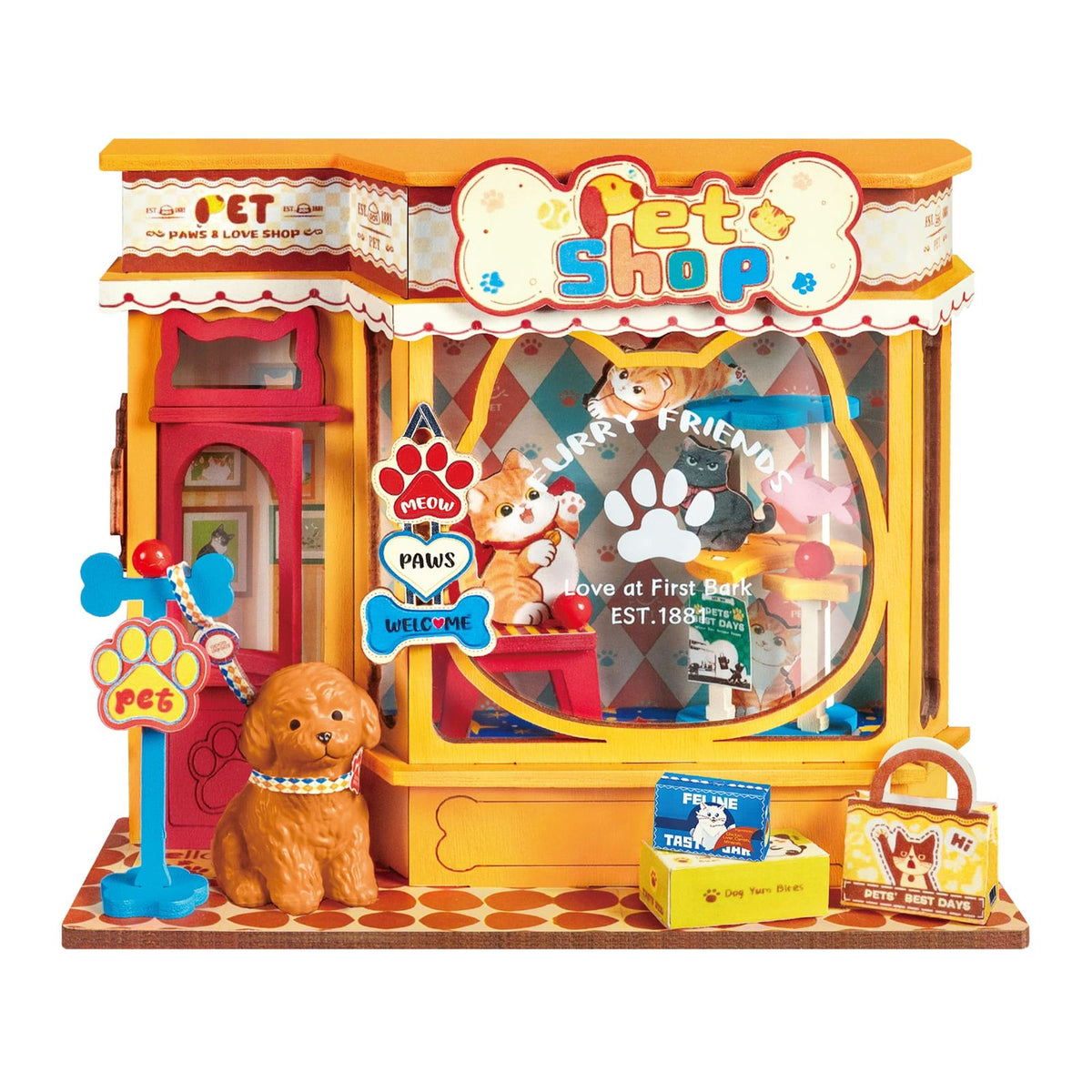 Pawfect Pet Shop Holzbausatz von Rolife, Frontansicht mit Katzenkopf-Fenster