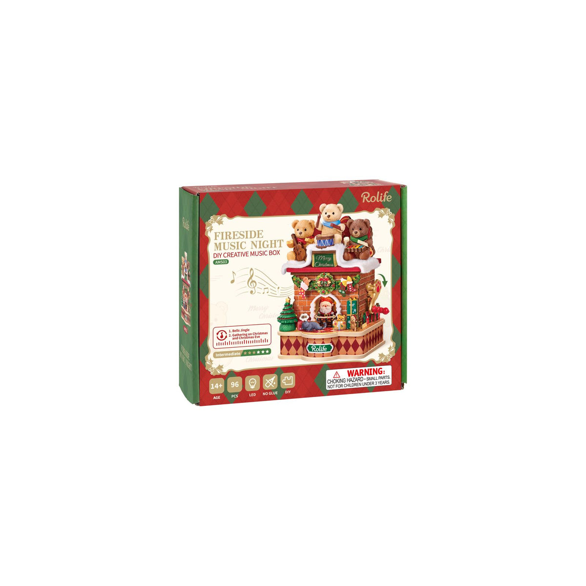 Rolife DIY Spieluhr Fireside Music Night AMS03 – Weihnachtsszene mit drei Bären am Kamin