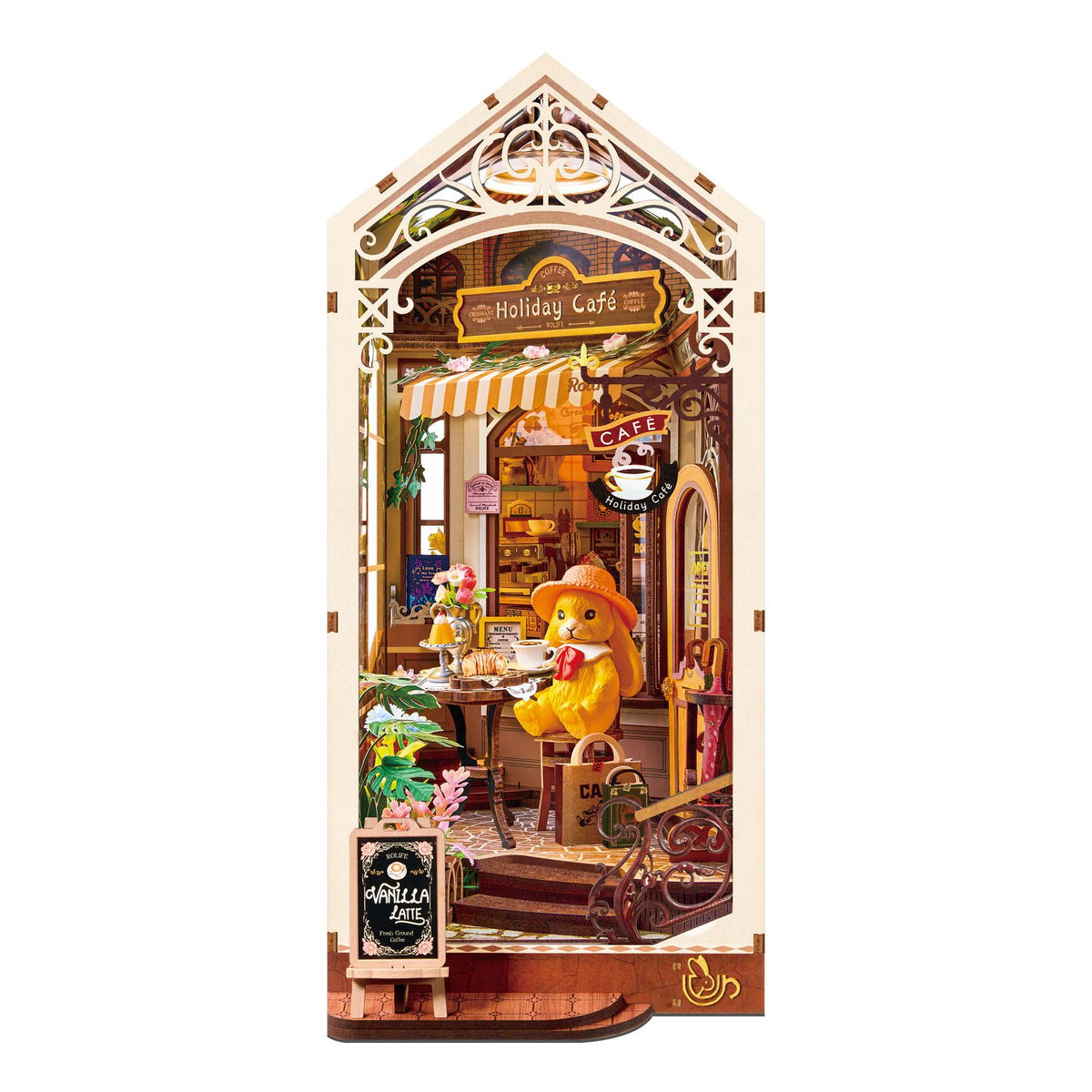Rolife Holiday Café Book Nook TGB15 – fertig aufgebautes Miniaturcafé mit LED-Beleuchtung