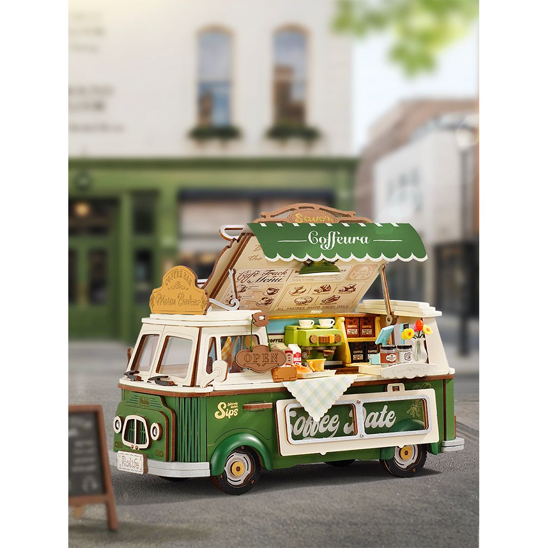 Rolife Kaffeewagen Bausatz Leo's Coffee Truck mit weißem Dach in der Frontansicht