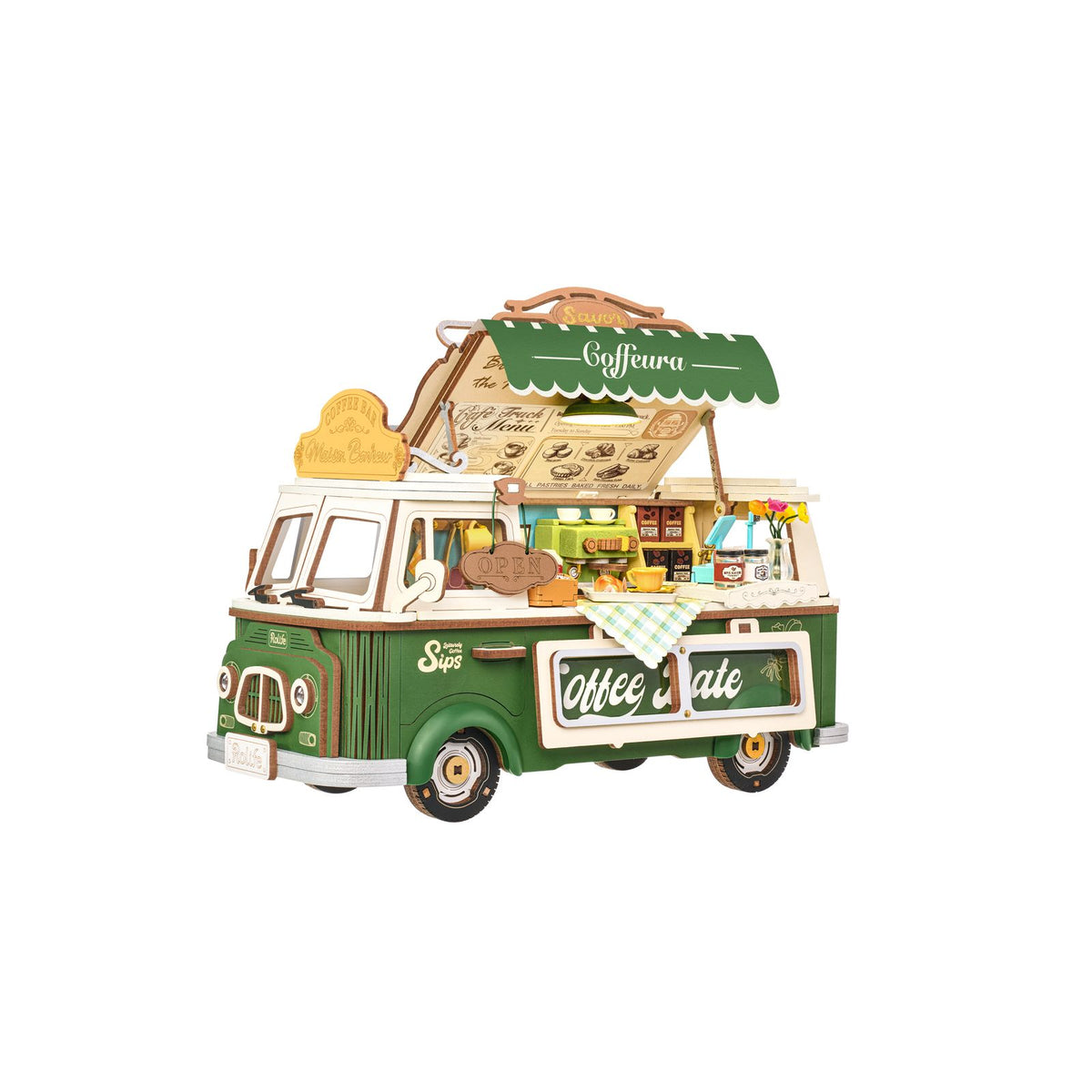 Hellblaue Kasse und Kaffeemaschine im Rolife 3D Holzpuzzle Kaffeewagen