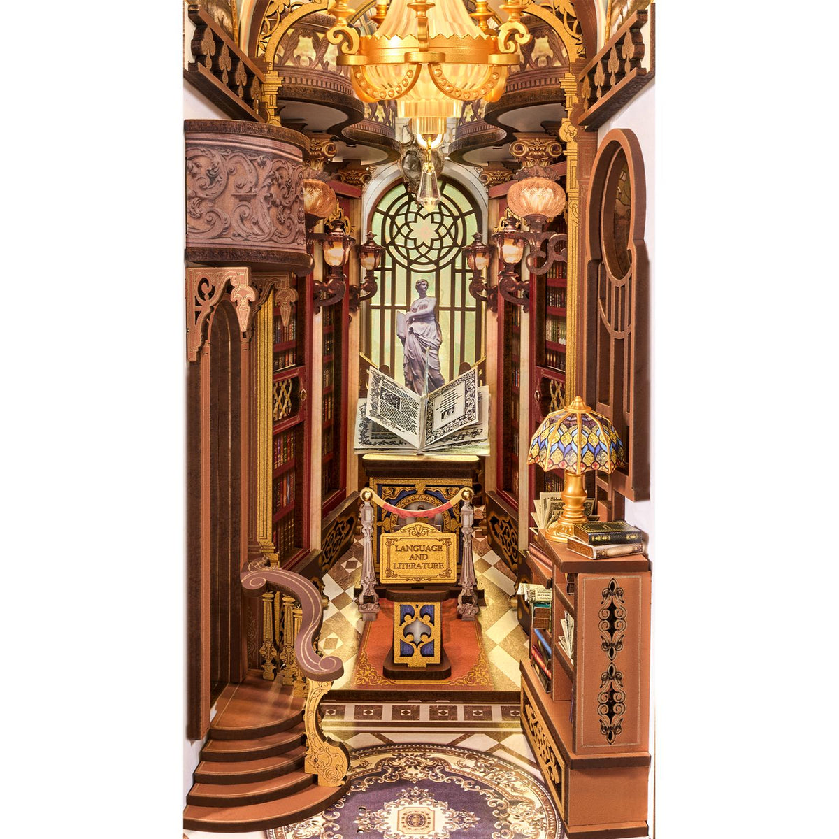 Bemalte Decke und Vintage-Lampen im Rolife Book Nook Bausatz aus Holz