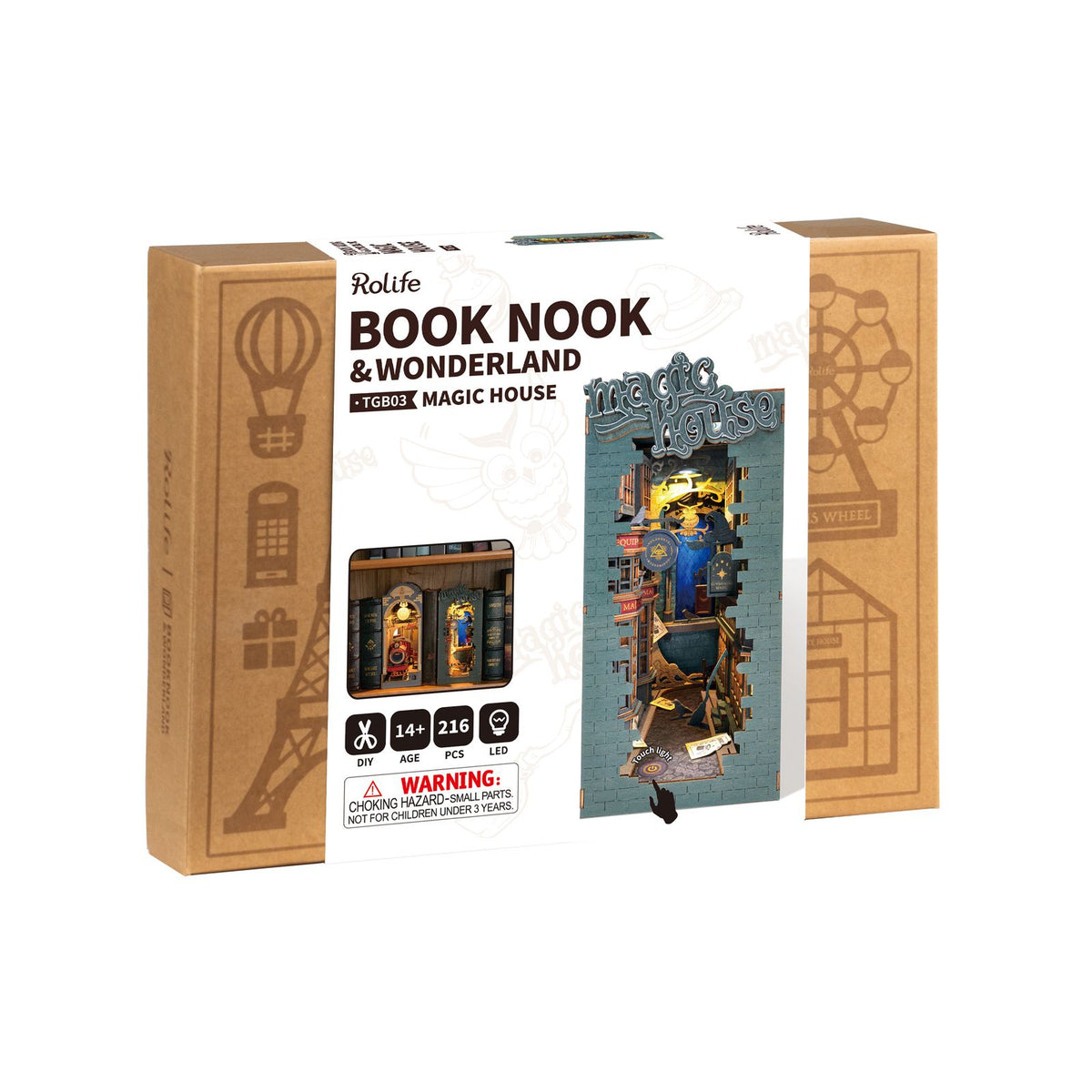 Rolife Magic House Book Nook Größenvergleich 18 × 11 × 24 cm im Bücherregal