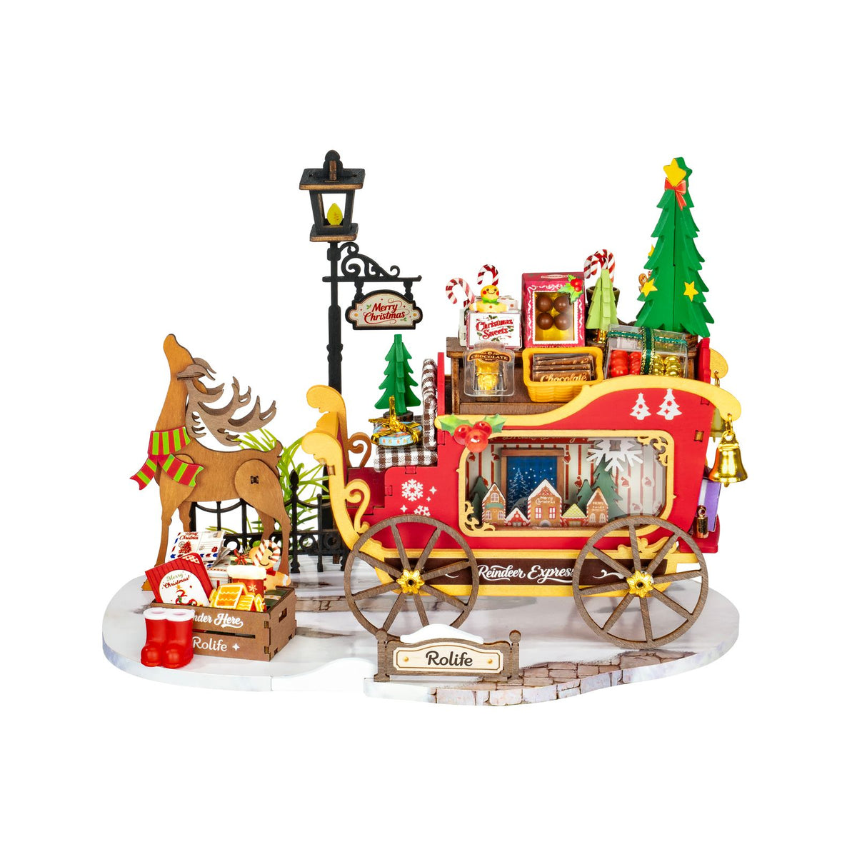 Rentier mit warmem Schal vor dem Weihnachtsschlitten, Rolife Holzpuzzle