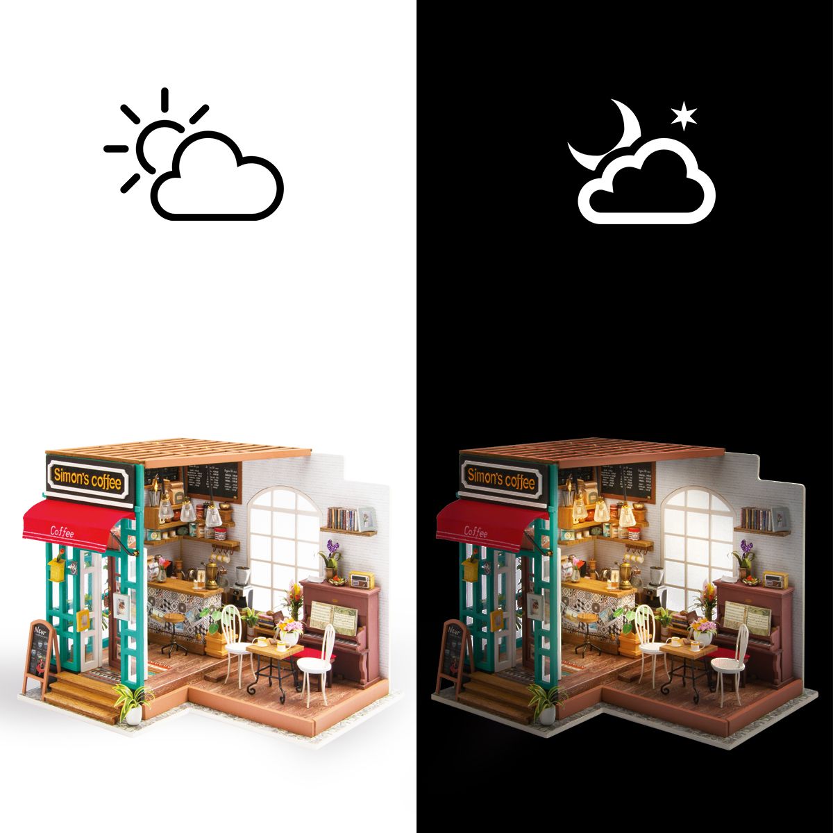 Rolife Simon's Coffee DG109 – Klavierecke mit Noten im Miniatur-Café