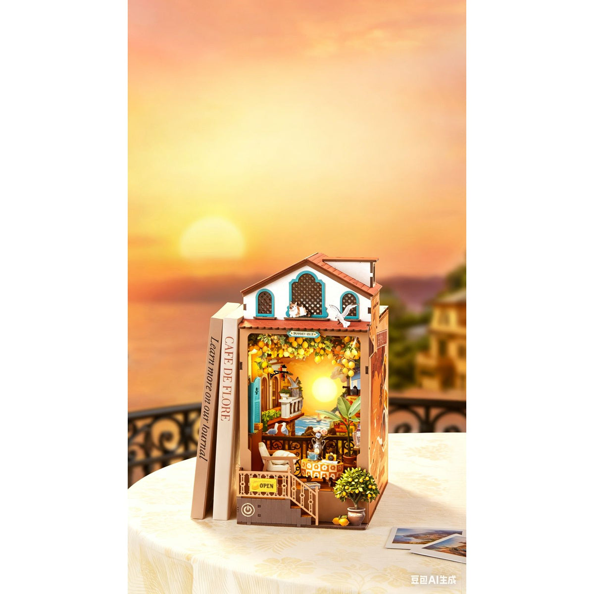 Rolife Sunset Isle Book Nook mit LED-Beleuchtung bei Abendstimmung