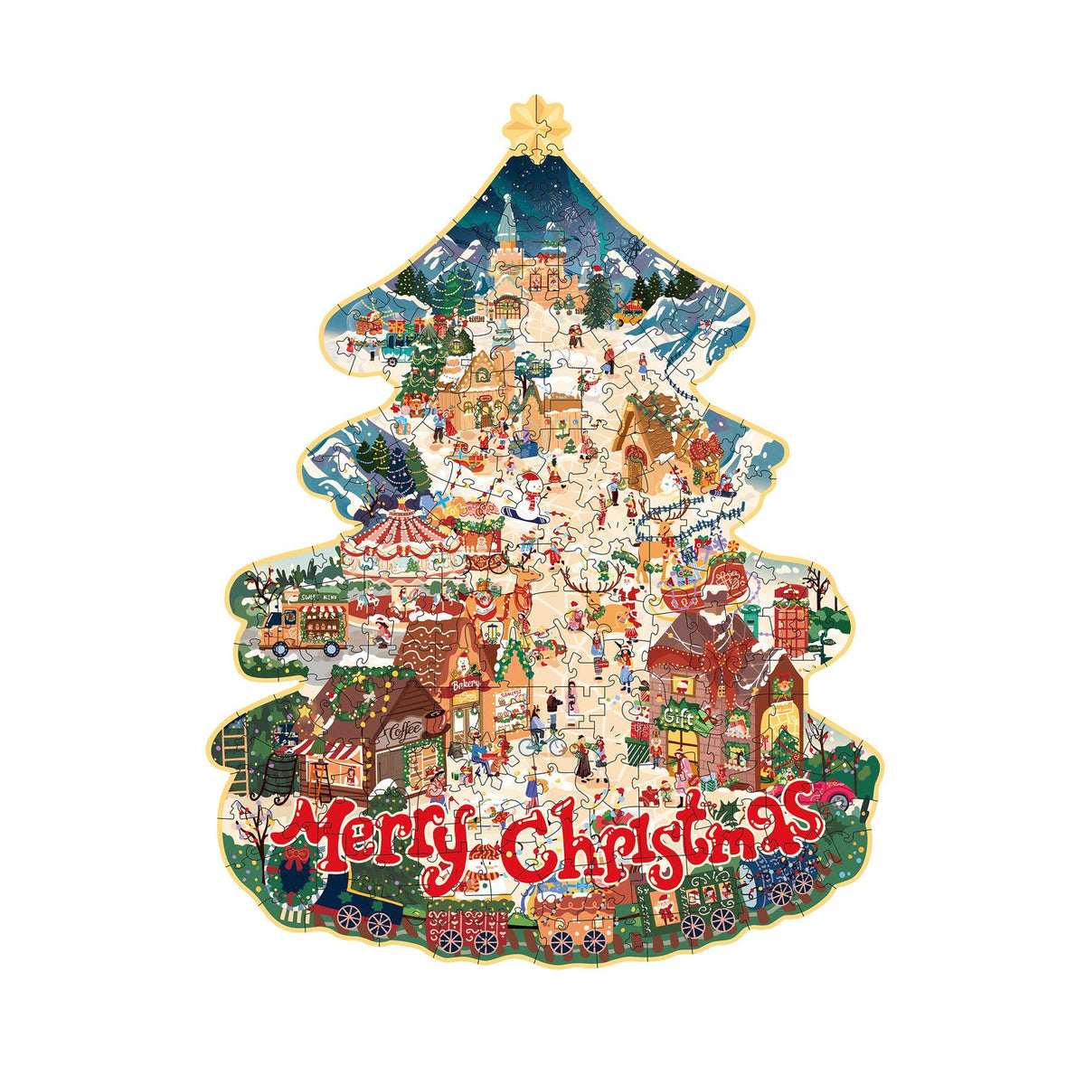 Weihnachtspuzzle aus Holz mit besonderen Teilen wie Schlittschuhen und Engelchen