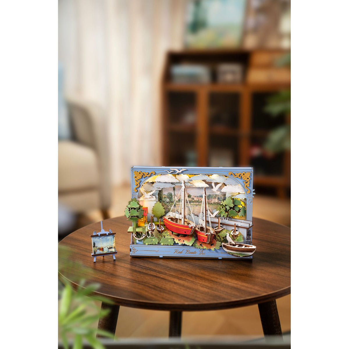Rowood Red Boats 3D Gemälde aus Holz, fertig aufgebaut mit goldenem Rahmen