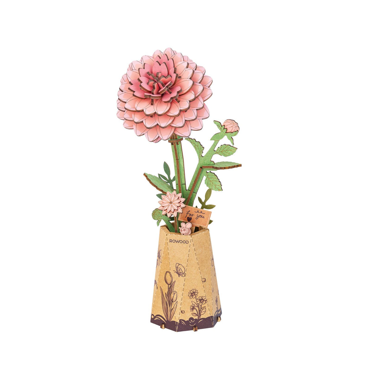 Holzblumen Bausatz Dahlie von Rowood TW131 – fertig gebaute rosa Dahlie mit Knospe in Pappvase