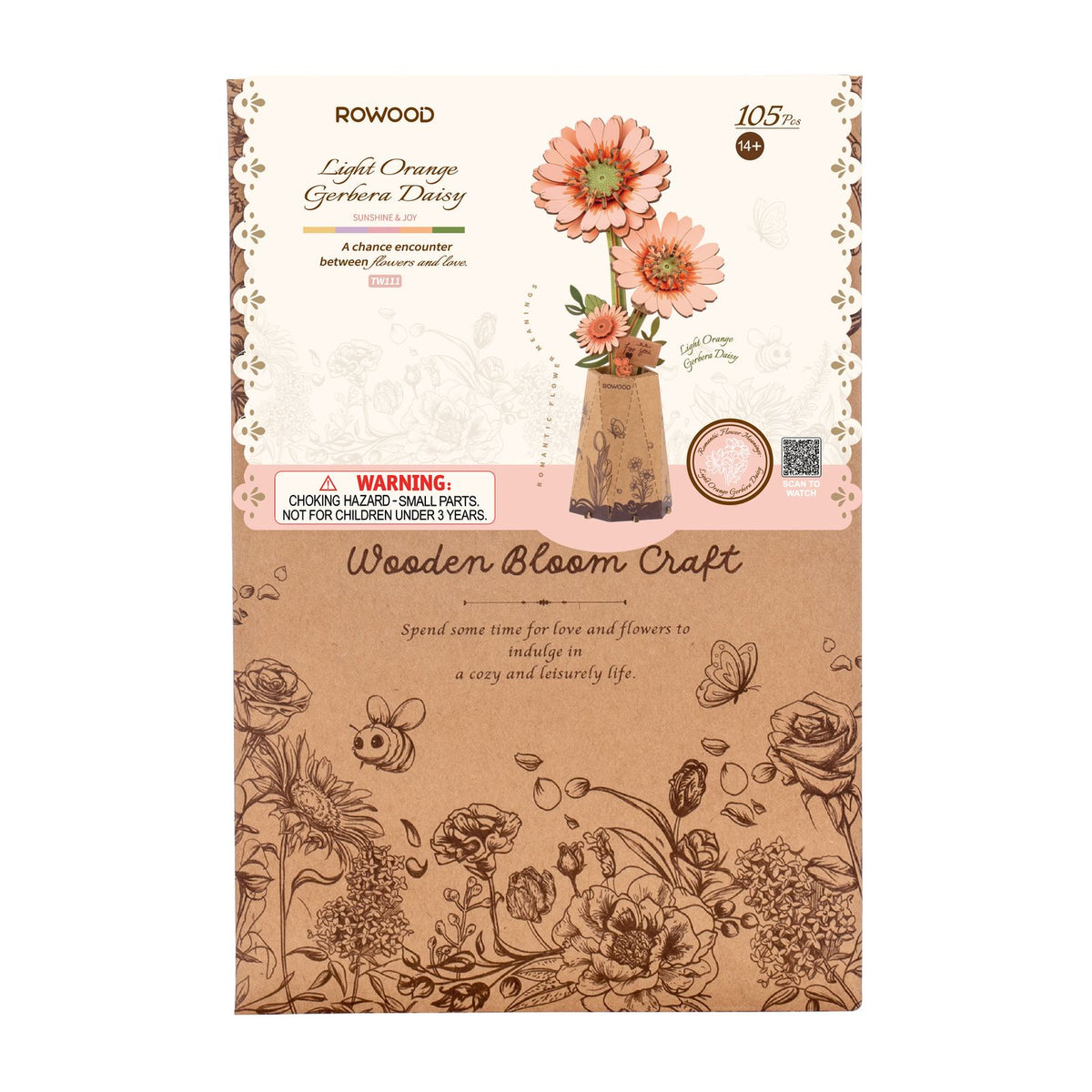 Gerbera aus Holz in Lachsrosa: Rowood Wooden Bloom Craft mit doppelten Blütenblättern