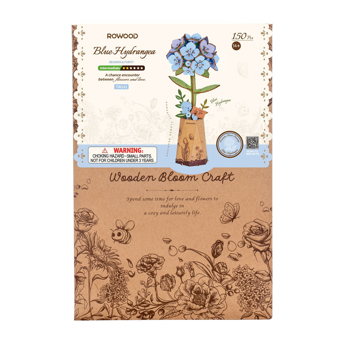 Hortensie aus Holz zum Selberbauen: Rowood Blue Hydrangea mit Blütenköpfen und grünem Stiel