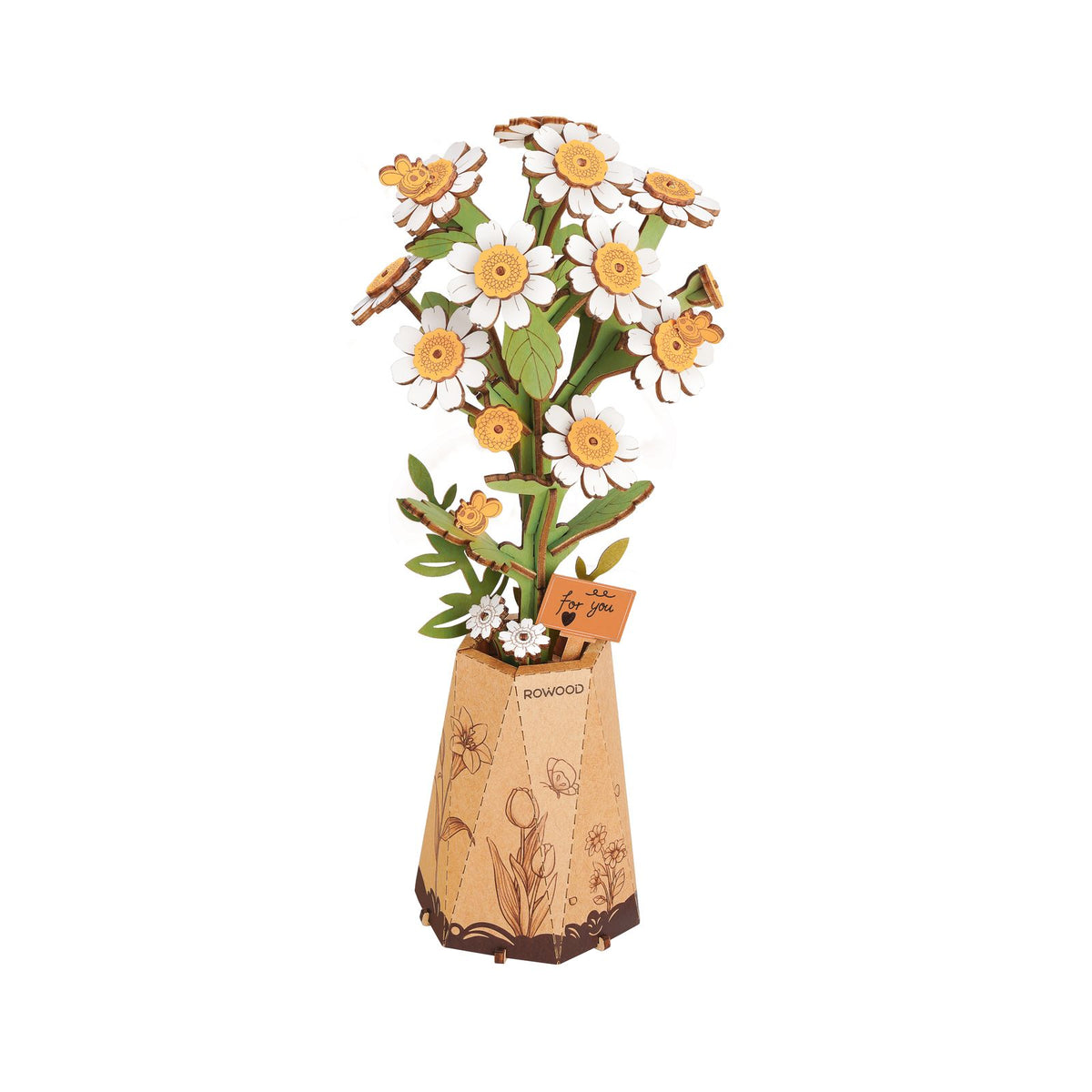 Rowood Holzblumen Bausatz Kamille TW061 – fertiger Kamillenstrauß in der Kartonvase