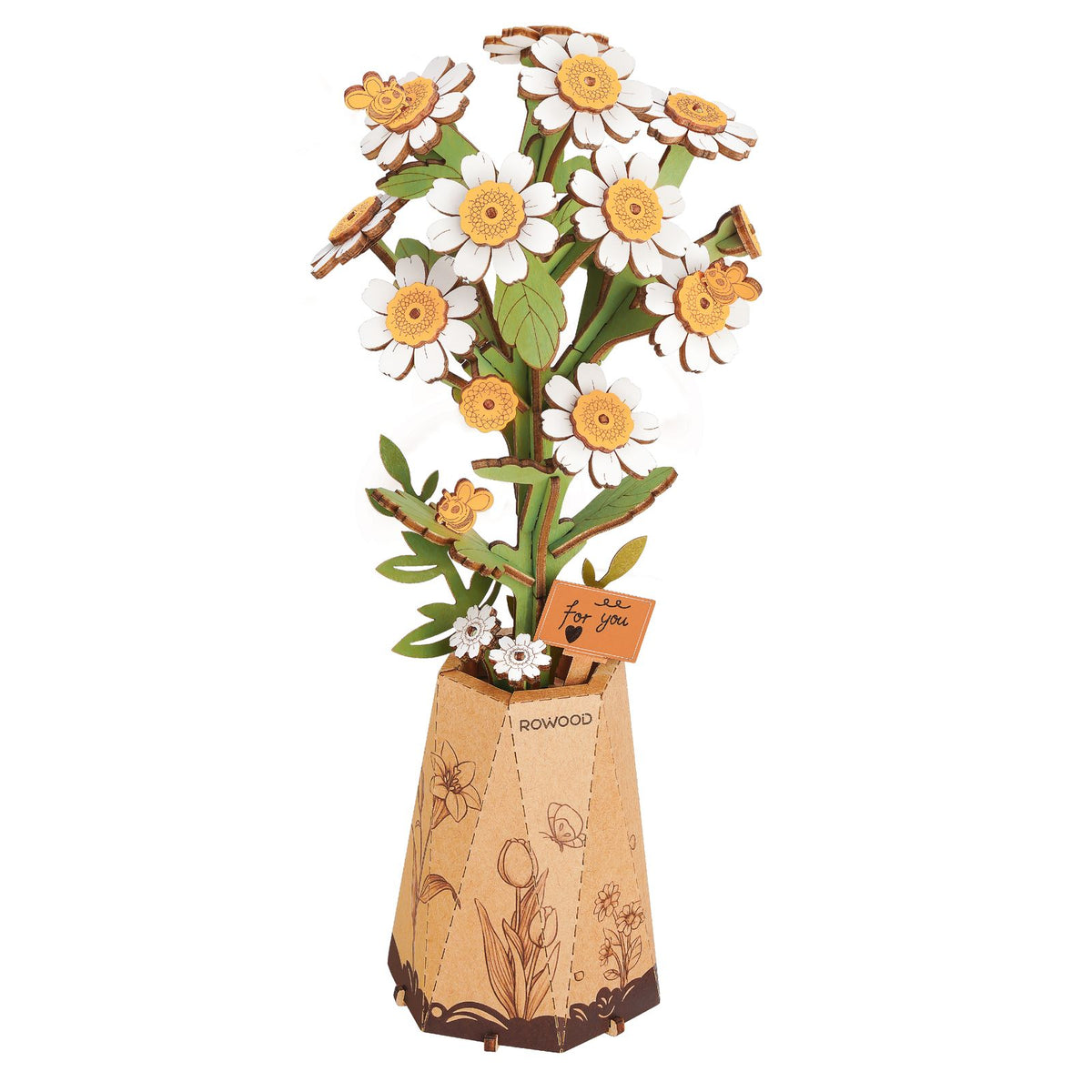 Rowood Chamomile Kamillenstrauß aus Holz mit weiß-gelben Blüten, Stielen und Blättern