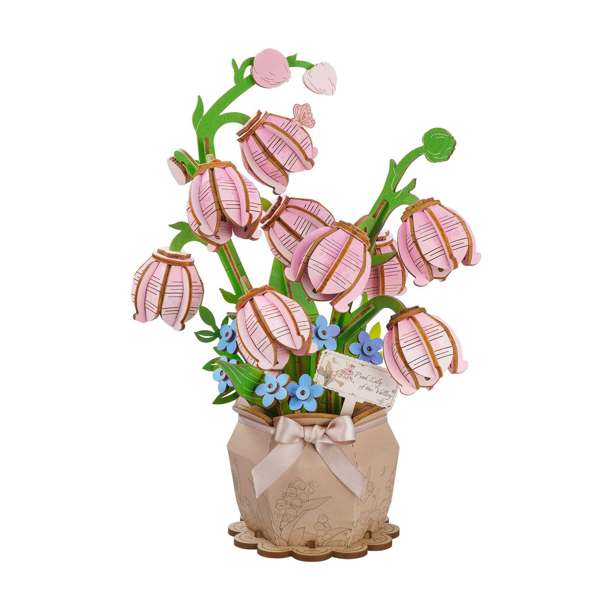 Blumenstrauß aus Holz mit Satinschleife, blütenförmigem Untersetzer und Pflanzenschild