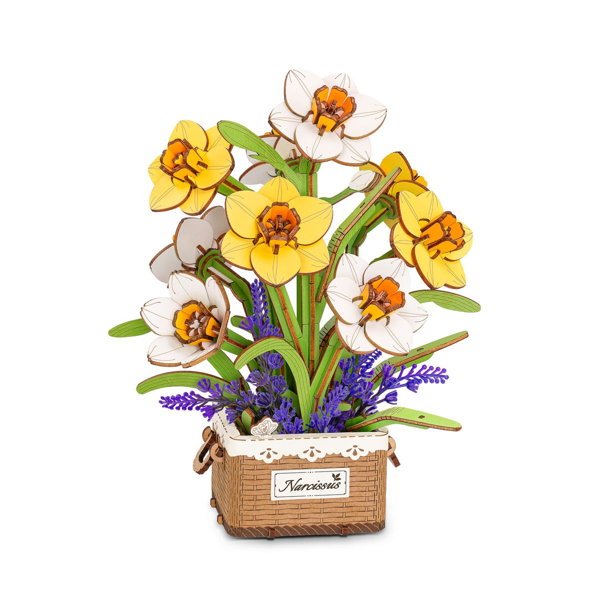 Rowood Holzblumen Bausatz Narcissus TF002 mit gelben und weißen Narzissen im Körbchen