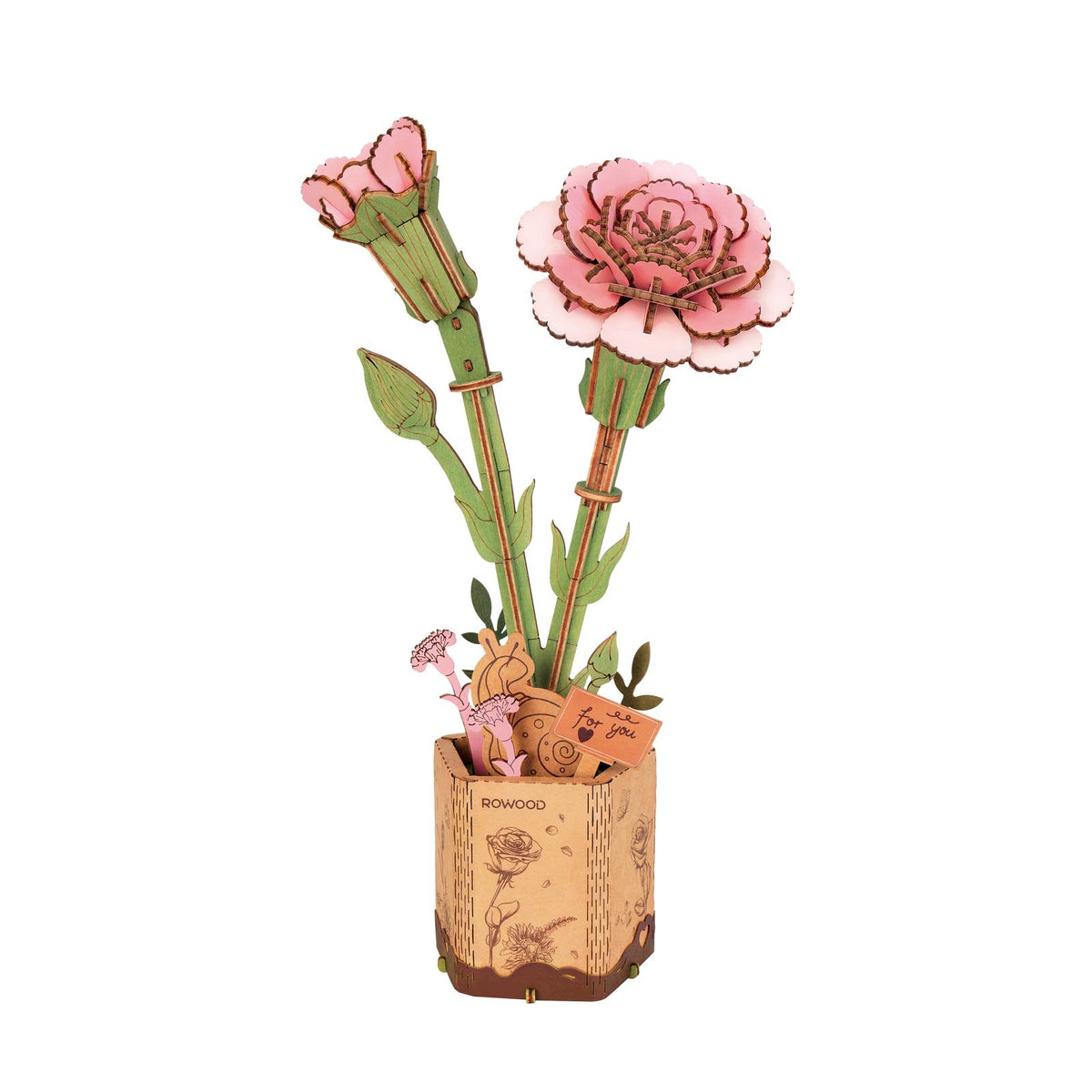 Rosa – Rowood Holzblumen Bausatz Nelke Pink Carnation TW051-B fertig aufgebaut