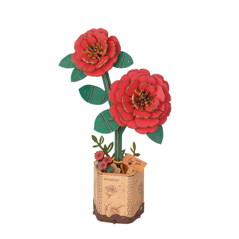 Rowood Holzblumen Bausatz Rote Kamelie Red Camellia TW031 fertig aufgebaut im Topf