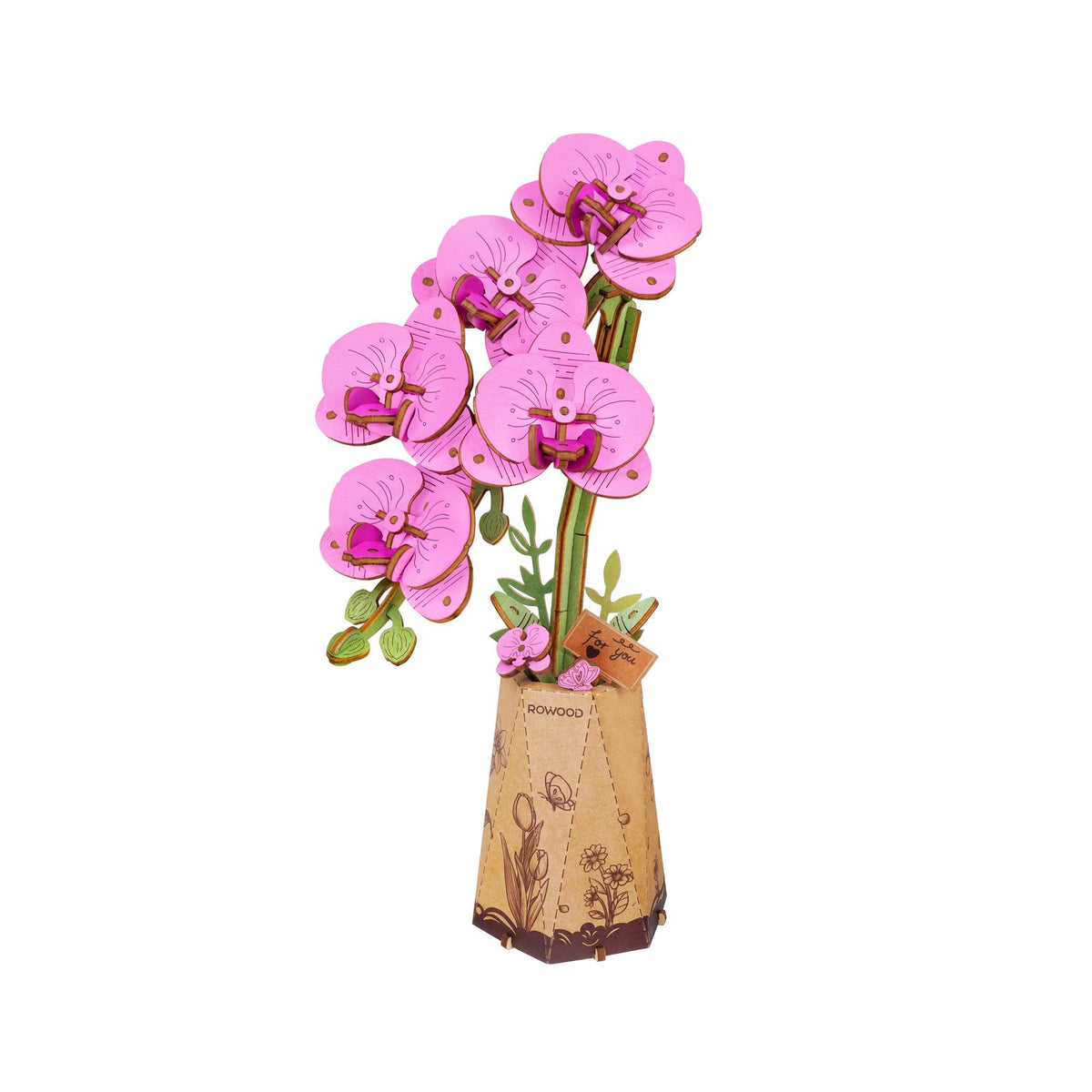 Holzblumen Bausatz Schmetterlingsorchidee Rowood TW091 mit fünf lila Blüten in der Vase