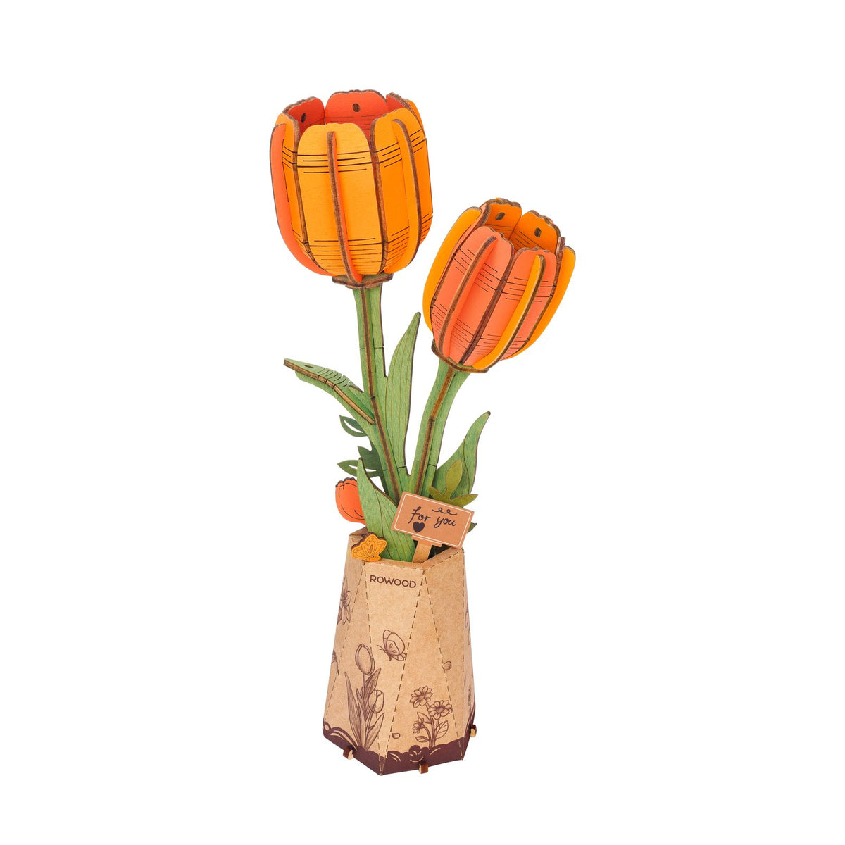Orange – Rowood Holzblumen Bausatz Tulpen TW081 als Strauß mit zwei Blüten und einer Knospe