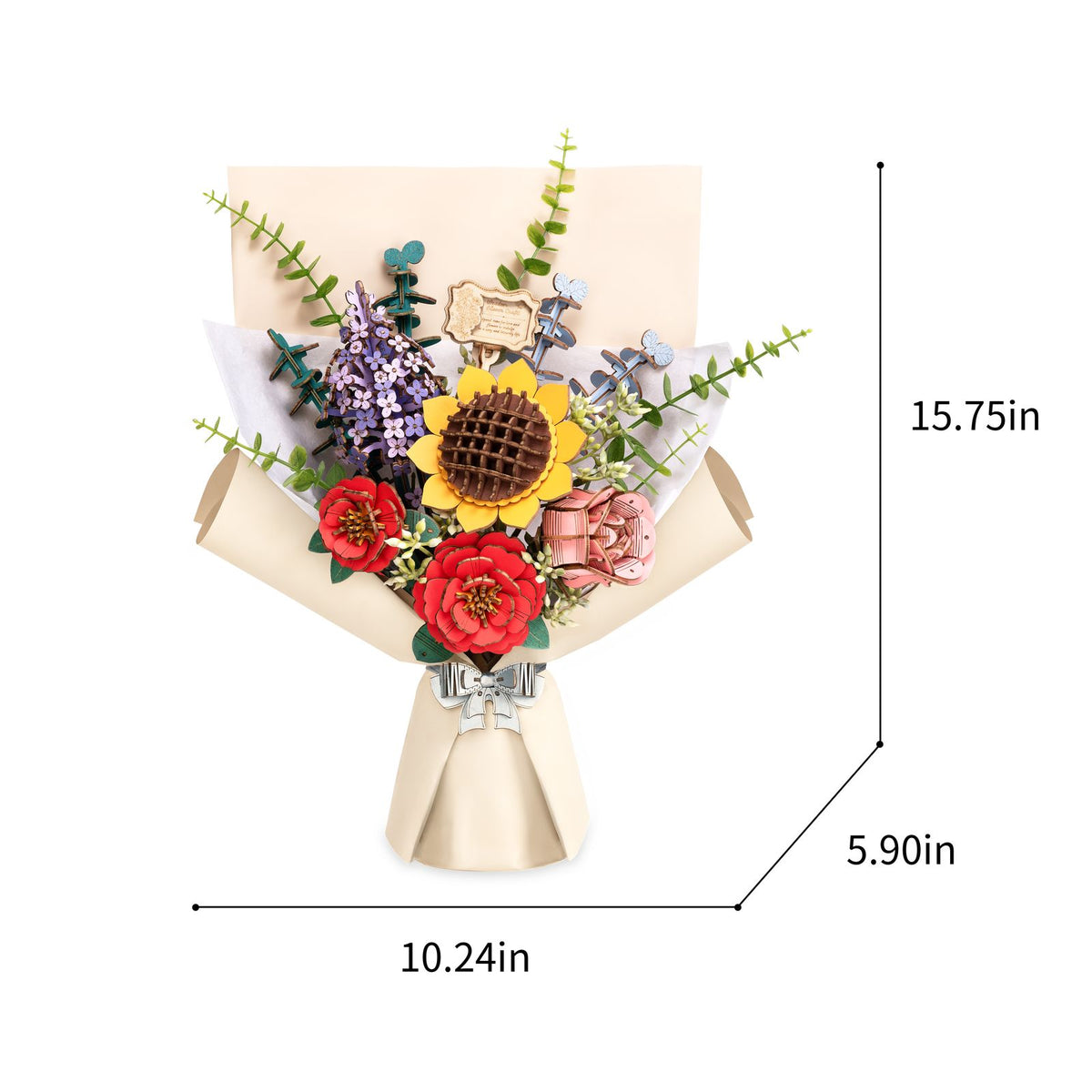 Rowood Blumenstrauß Bausatz aus Holz mit Sonnenblume, Flieder, Kamelie, Rose und Eukalyptus