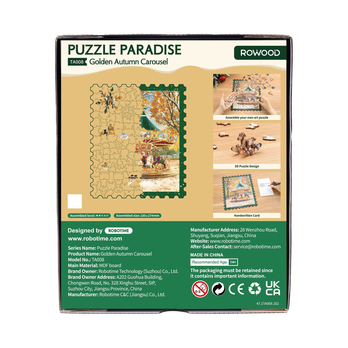 Rückseite des Rowood Holzpuzzles mit Teilen in Form von Schneeflocken, Sternen und Schlitten