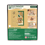 Rückseite des Rowood Holzpuzzles mit Teilen in Form von Schneeflocken, Sternen und Schlitten