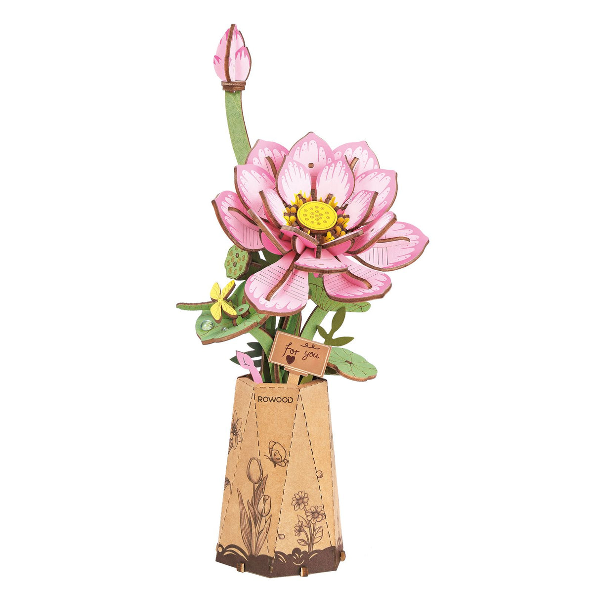 Rowood Lotus Holzblumen Bausatz TW151 – rosafarbene Lotusblüte mit gelber Libelle in Kartonvase
