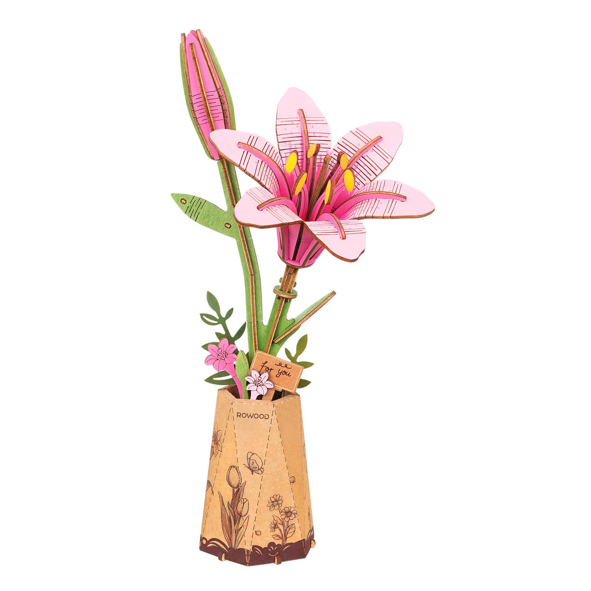 Rowood Pink Lily Holzblumen Bausatz TW071 – fertig gebaute rosa Lilie mit Knospe