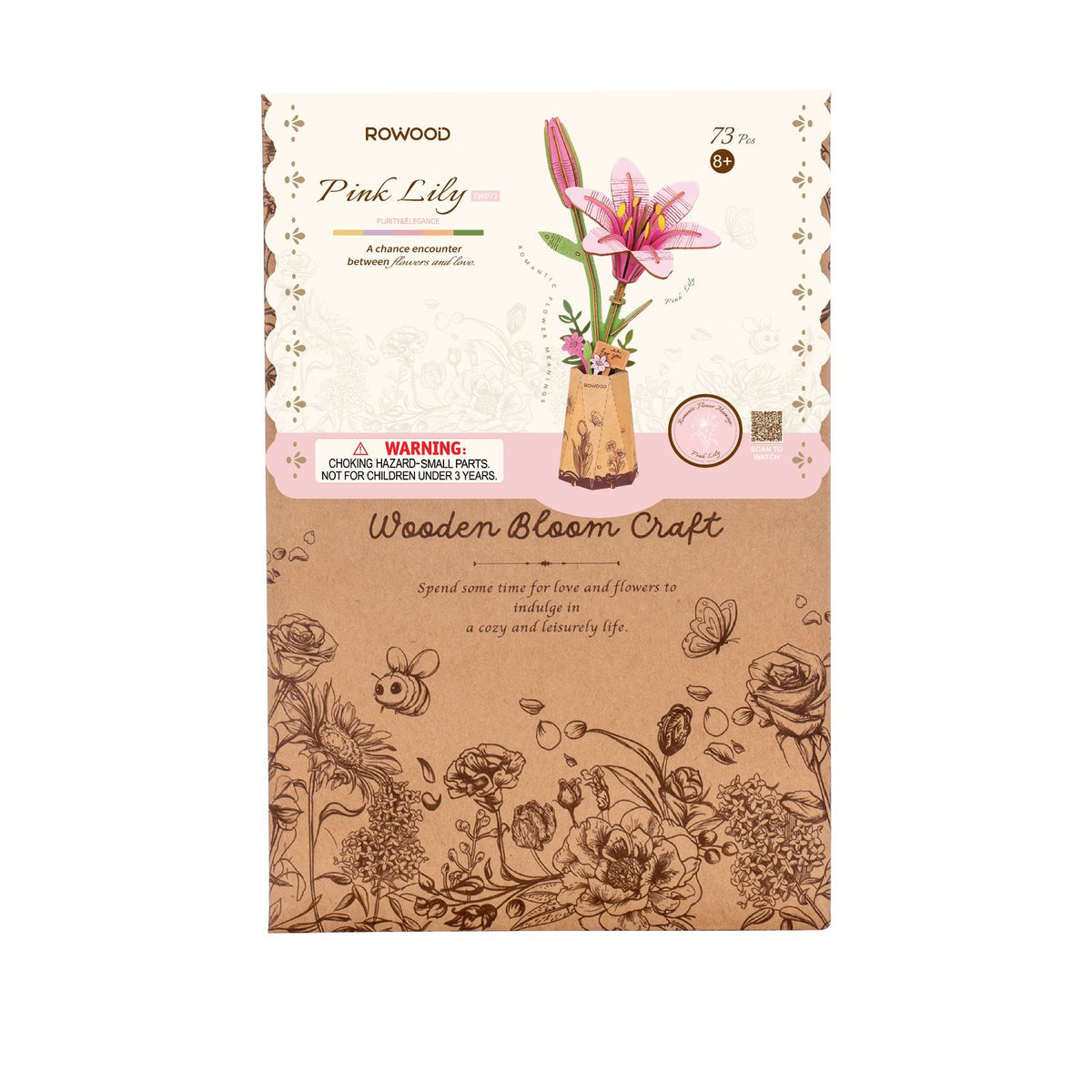 Rowood DIY Wooden Flower Pink Lily – Blumen Bausatz mit Geschenkbox für Erwachsene