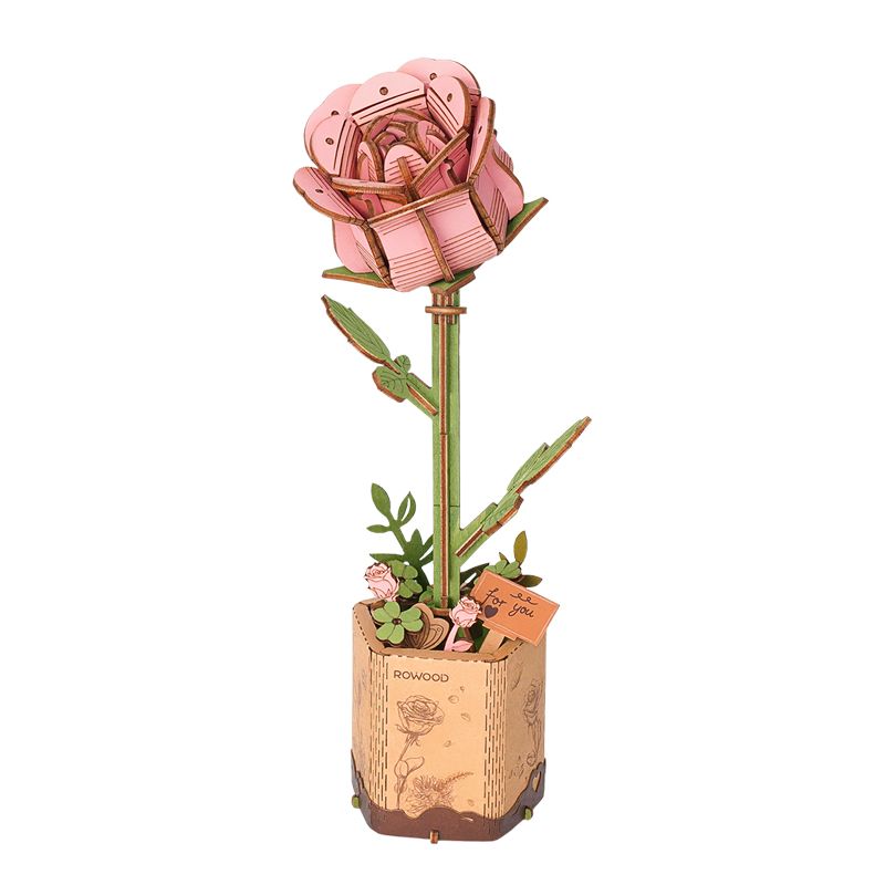 Rosa – Rowood Pink Rose Holzblumen Bausatz TW041 fertig aufgebaut im Blumentopf