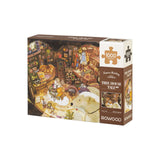Baumhaus Puzzle Tree House Tale mit Bücherregalen, Kürbis-Kissen und weißem Hund
