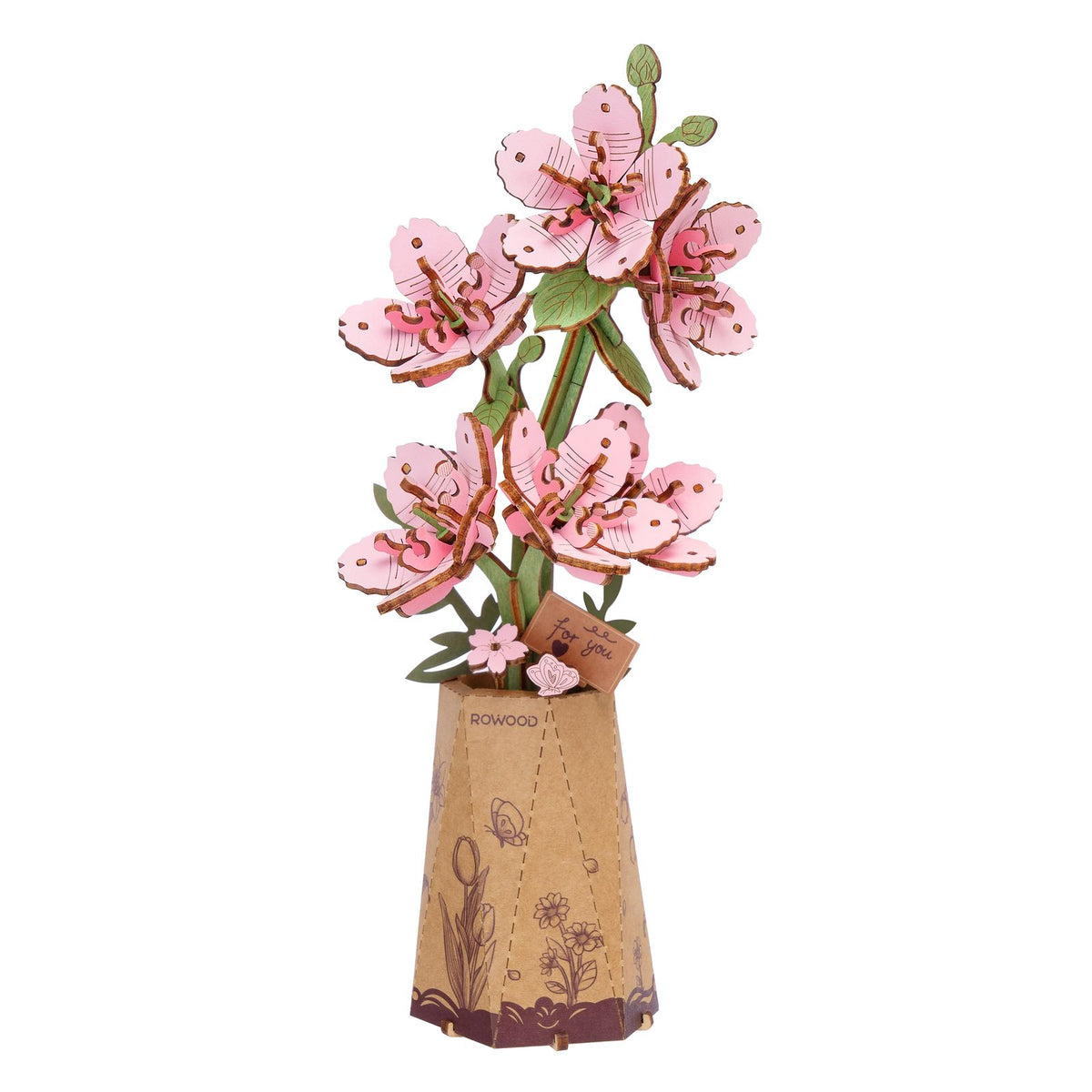 Rowood Sakura Holzblumen Bausatz TW101 mit sechs rosa Kirschblüten in der Vase
