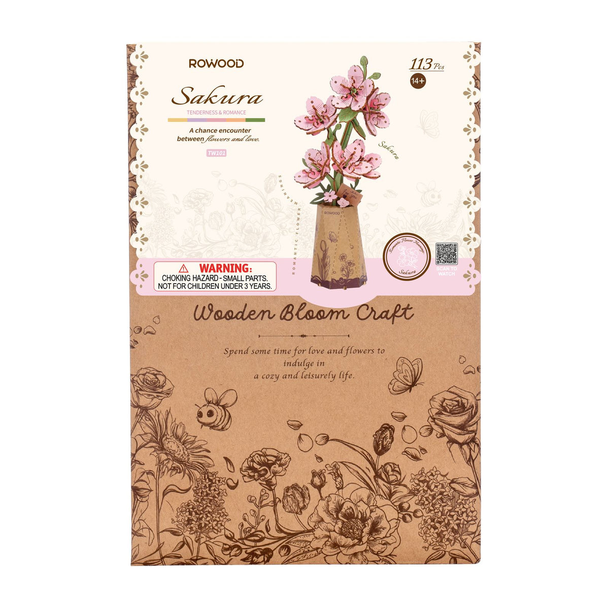 Fertig gebaute Sakura Blumen zum Bauen aus Holz von Rowood auf einem Schreibtisch